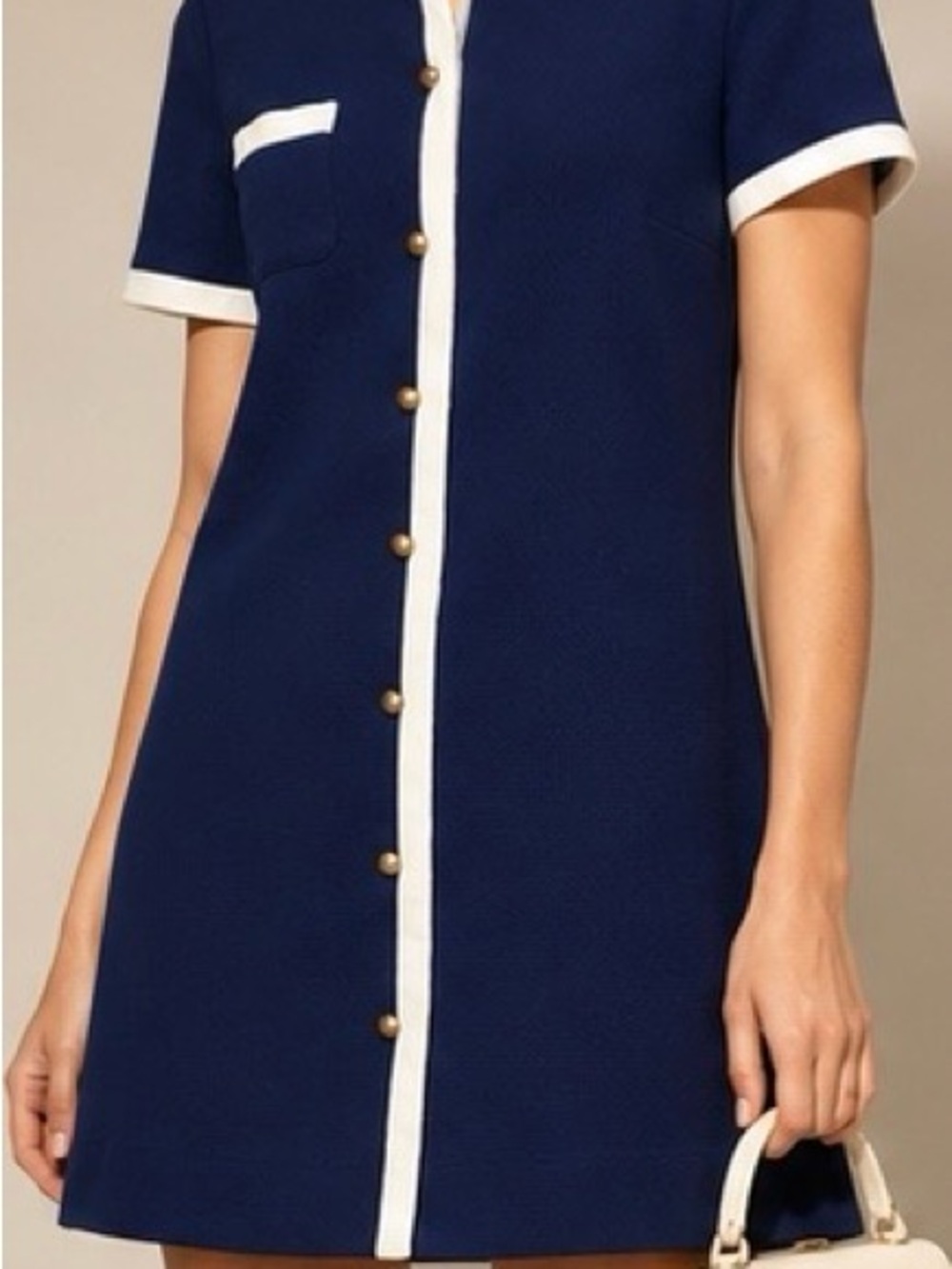 Elegant Navy Contrast-Trim Button-Front Dress